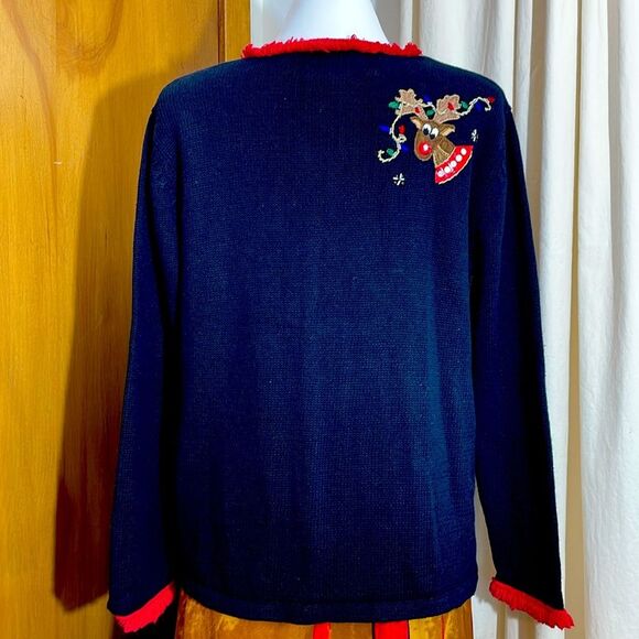 Vintage Christmas Reindeer Sweater Party Embellished Zip Front Cardigan Size S - Picture 2 of 12